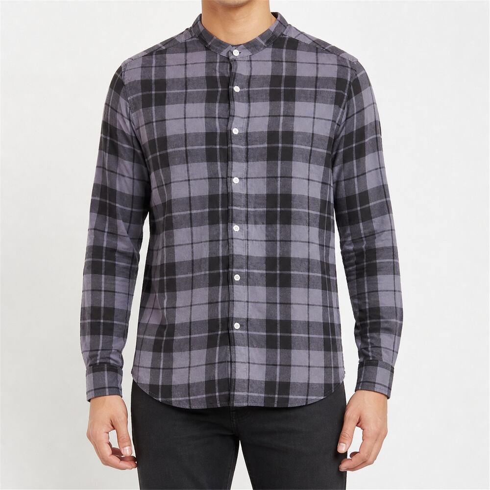 Asos Shirt Mens XL Black Purple Cotton Plaid Long Sleeve Regular Fit Crew Neck